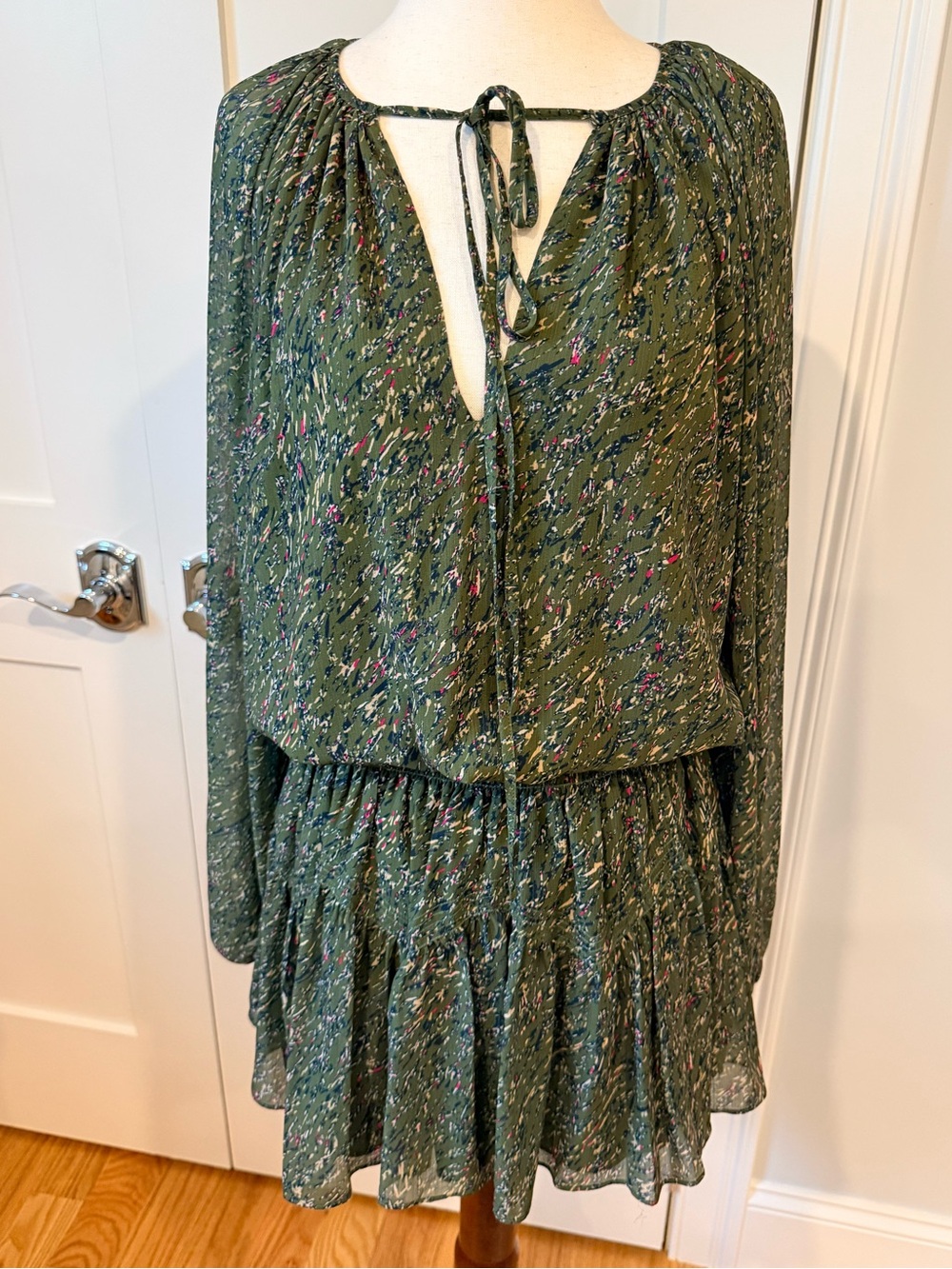 Ramy Brook Paris Olive Green Printed Long-Sleeve Tie-Front Mini Dress